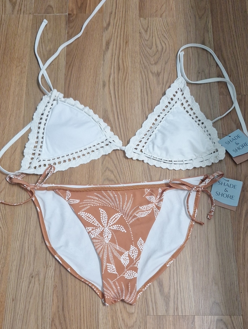 Shade & Shore Cream Crochet Triangle Top with Rust Floral Bikini Bottom